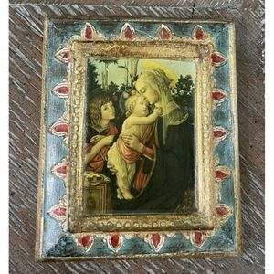Vtg Italian Florentine Wooden Picture Plaque Madonna of Rose Garden 3.5x4.25"